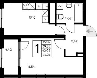 Планировка — Листория, 1-комн., 40 м²