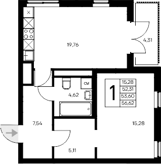 Планировка — Листория, 1-комн., 52 м²