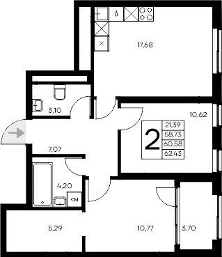 Планировка — Листория, 2-комн., 59 м²