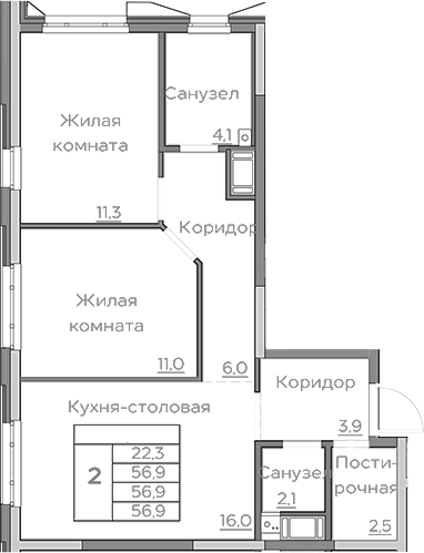 Планировка — Береговой, 3-комн., 57 м²