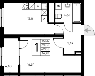 Планировка — Листория, 1-комн., 40 м²