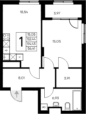 Планировка — Листория, 1-комн., 52 м²
