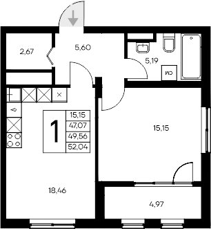 Планировка — Листория, 1-комн., 47 м²
