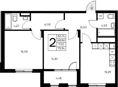 Планировка — Листория, 2-комн., 69 м²