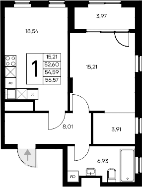 Планировка — Листория, 1-комн., 53 м²