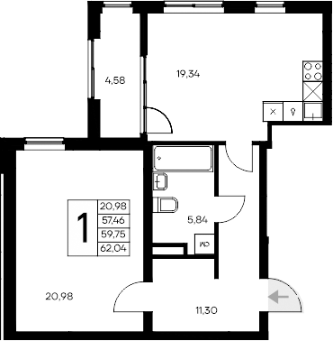 Планировка — Листория, 1-комн., 57 м²
