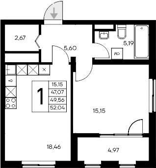 Планировка — Листория, 1-комн., 47 м²