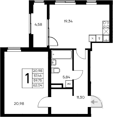 Планировка — Листория, 1-комн., 57 м²