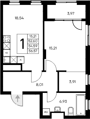 Планировка — Листория, 1-комн., 53 м²