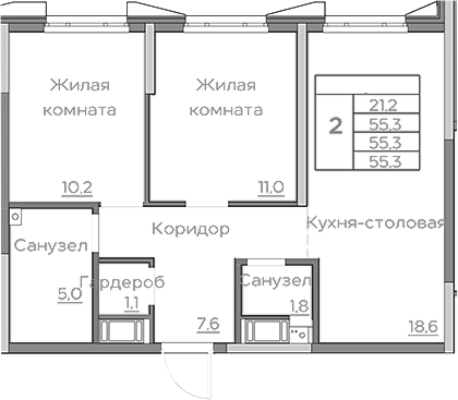 Планировка — Береговой, 3-комн., 55 м²