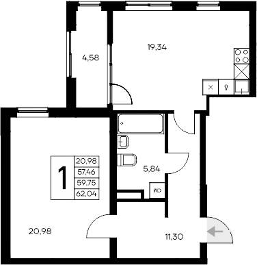 Планировка — Листория, 1-комн., 57 м²