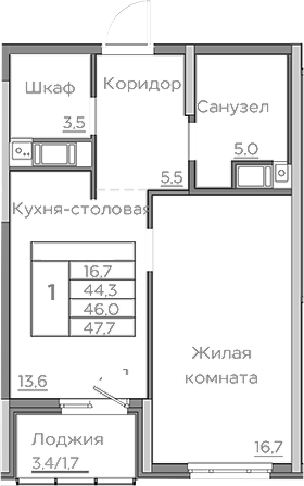 Планировка — Береговой, 1-комн., 44 м²
