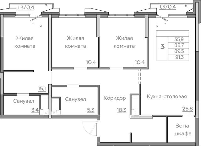 Планировка — Береговой, 4-комн., 89 м²
