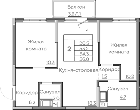 Планировка — Береговой, 3-комн., 53 м²