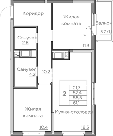 Планировка — Береговой, 3-комн., 57 м²