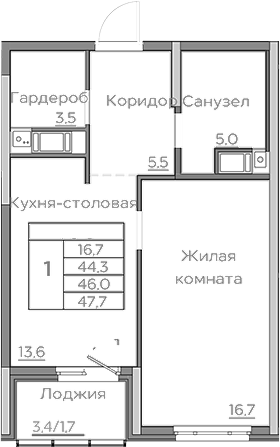 Планировка — Береговой, 1-комн., 44 м²