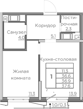 Планировка — Береговой, 1-комн., 37 м²