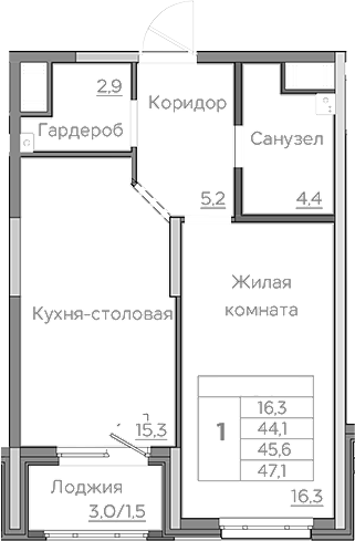 Планировка — Береговой, 2-комн., 44 м²