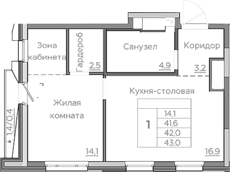 Планировка — Береговой, 2-комн., 42 м²