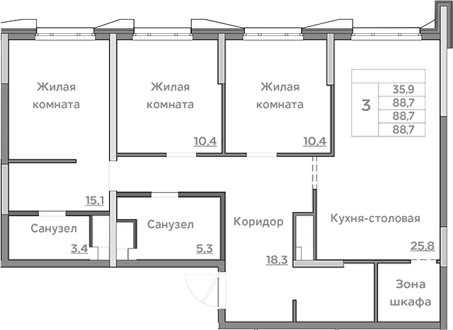 Планировка — Береговой, 4-комн., 89 м²