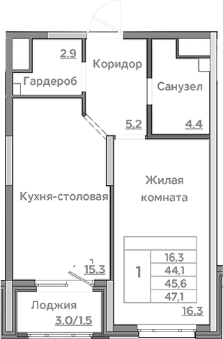Планировка — Береговой, 2-комн., 44 м²
