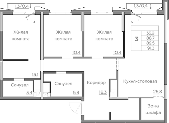 Планировка — Береговой, 4-комн., 89 м²