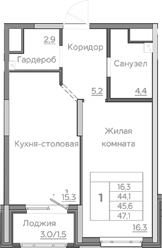 Планировка — Береговой, 2-комн., 44 м²