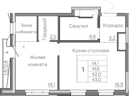 Планировка — Береговой, 2-комн., 42 м²