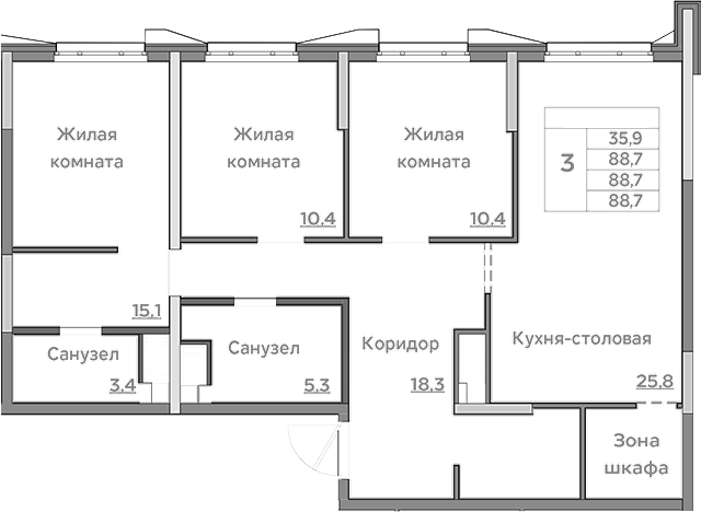 Планировка — Береговой, 4-комн., 89 м²