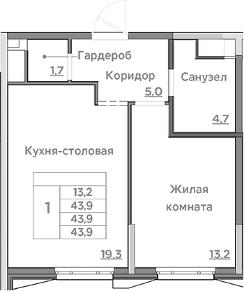 Планировка — Береговой, 2-комн., 44 м²