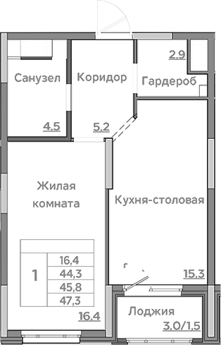 Планировка — Береговой, 2-комн., 44 м²