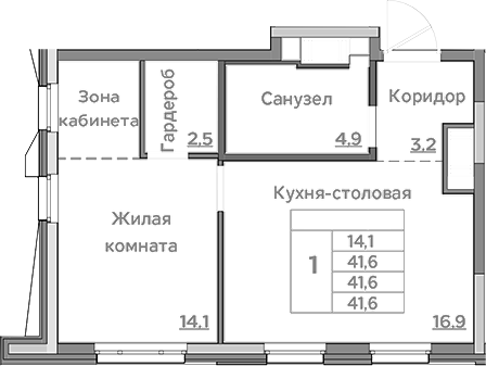 Планировка — Береговой, 2-комн., 42 м²