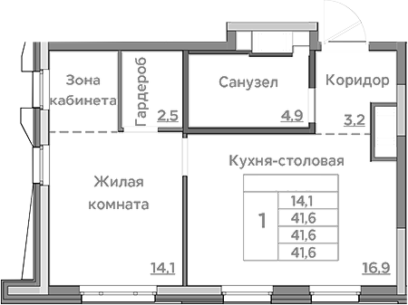 Планировка — Береговой, 2-комн., 42 м²