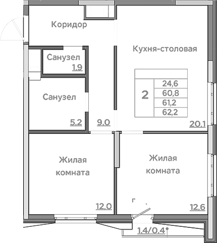 Планировка — Береговой, 3-комн., 61 м²