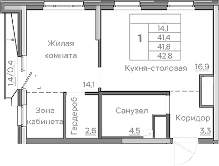Планировка — Береговой, 2-комн., 41 м²