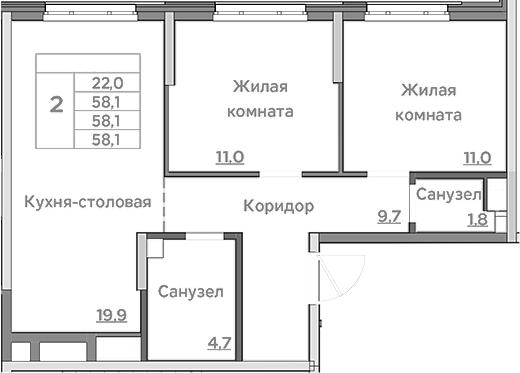 Планировка — Береговой, 3-комн., 58 м²