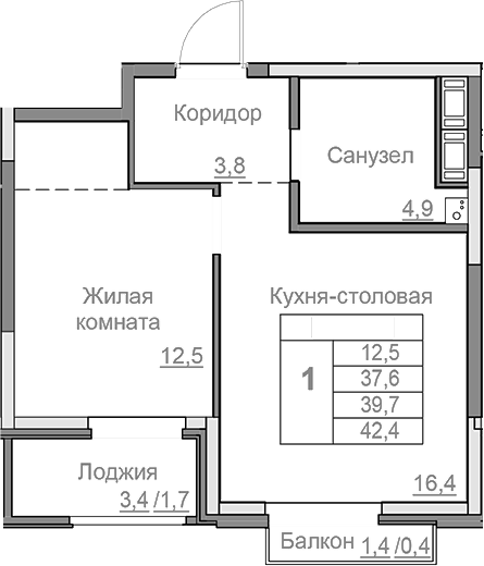 Планировка — Береговой, 2-комн., 38 м²