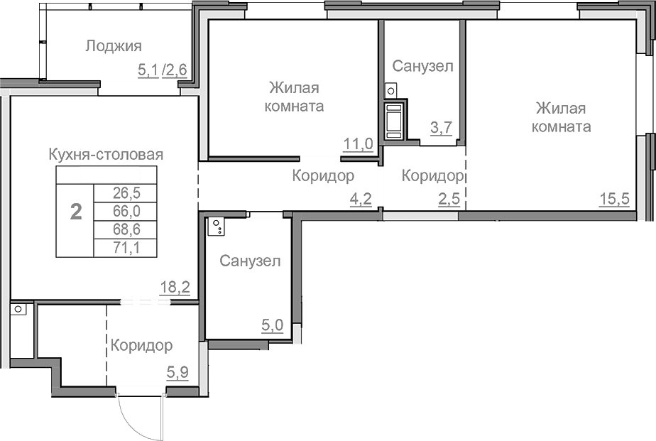 Планировка — Береговой, 3-комн., 66 м²