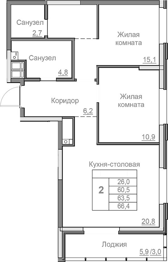 Планировка — Береговой, 2-комн., 61 м²