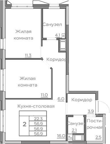 Планировка — Береговой, 3-комн., 57 м²