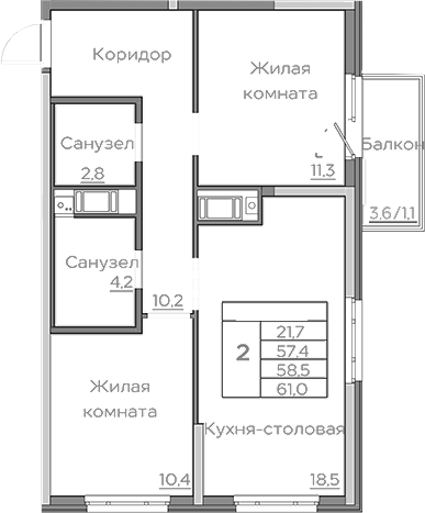 Планировка — Береговой, 3-комн., 57 м²