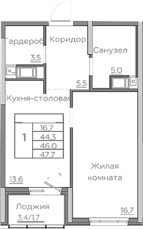 Планировка — Береговой, 1-комн., 44 м²