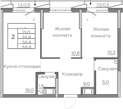 Планировка — Береговой, 3-комн., 56 м²