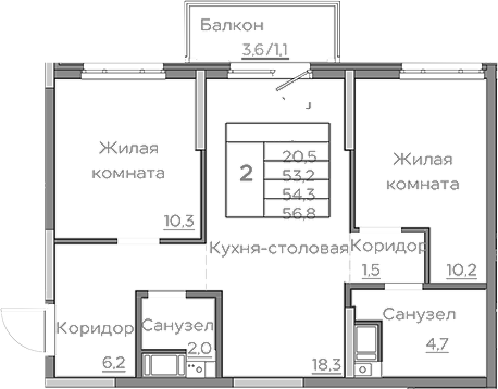 Планировка — Береговой, 3-комн., 53 м²