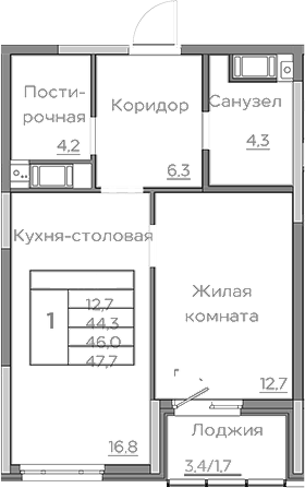 Планировка — Береговой, 2-комн., 44 м²