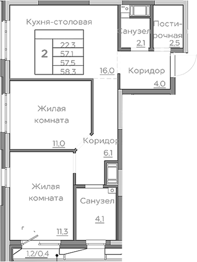 Планировка — Береговой, 3-комн., 57 м²