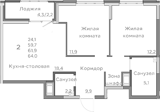 Планировка — Береговой, 3-комн., 60 м²