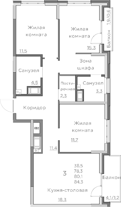 Планировка — Береговой, 4-комн., 78 м²