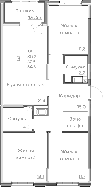 Планировка — Береговой, 4-комн., 80 м²