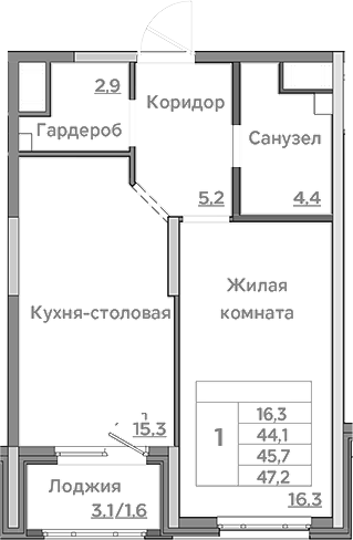 Планировка — Береговой, 2-комн., 44 м²